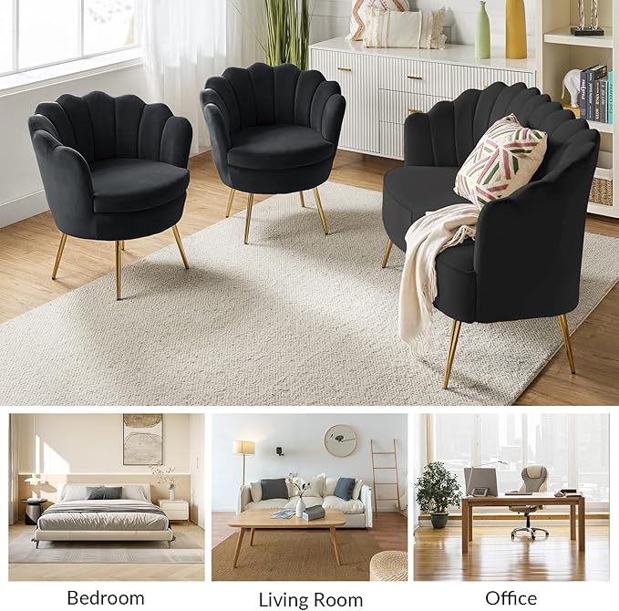 HULALA HOME 3 Piece Velvet Living Room Furniture Set Including Loveseat &amp 2 Sofa Chairs Modern Comfy Upholstered 2-Seater Sofa &amp Accent Chair Set for Bedroom Flower Shaped Back &amp Gold L