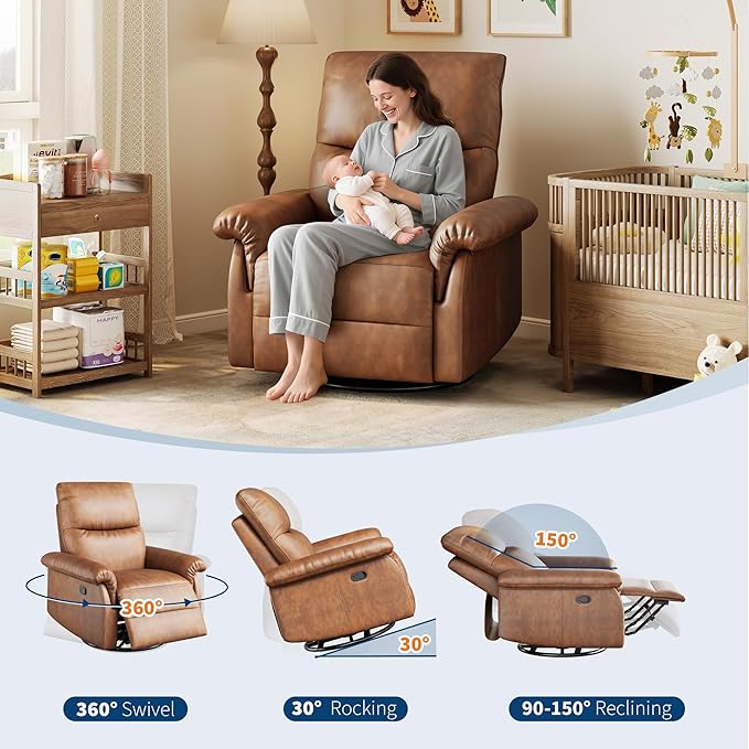 IDEALHOUSE Manual Recliner Chair 360° Swivel Rocker Glider Recliner with Padded Armrests Modern PU Leather Upholstered Reclining Chair for Living Room Bedroom and Nursery (Orange)