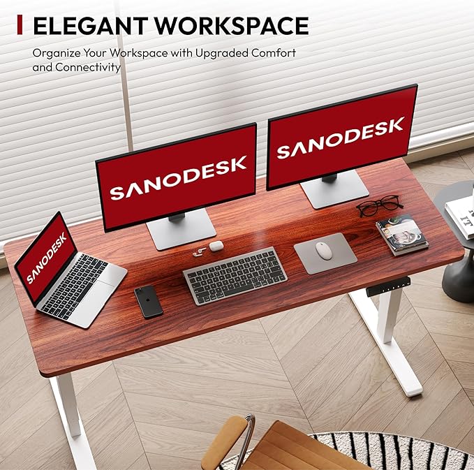 SANODESK Standing Desk with Dual Motor 3-Stage Lifting Column Handset with 3 Preset and Sit-Stand Reminder - 60 inch One-Piece Mahogany Desk/White Frame Height Adjustable Desk for Home and Office