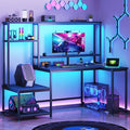 Gaming Desk with LED Lights &amp Outlets55 L Shaped Computer Desk with Shelves &amp Storage HutchReversible Corner Gaming Table with Printer Space &amp Monitor Stand for Home OfficeBlack