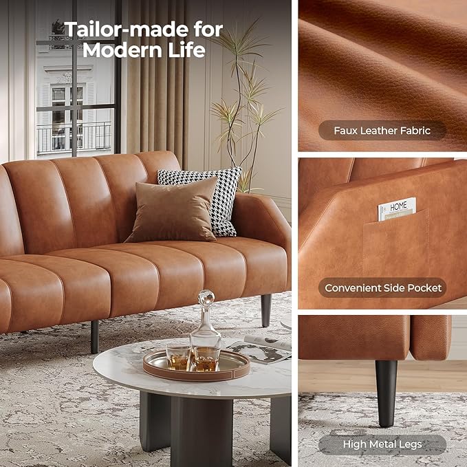 Fadware Faux Leather Couch Convertible Futon Sofa Bed with Adjustable Backrest Mid Century Leather Sofa Loveseat with Side Pockets&amp Metal Leg Modern Leather Sleeper Sofa for Living Room Bedroom