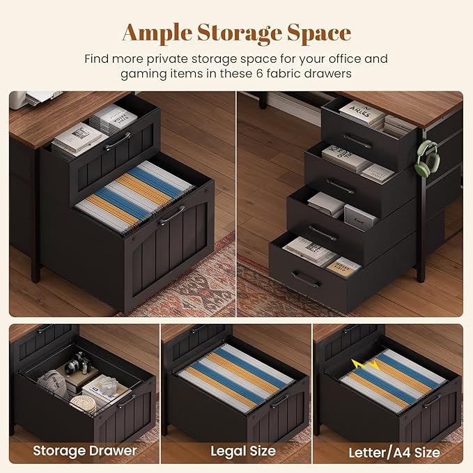 SEDETA Farmhouse L Shaped Office Desk with 6 Drawer Reversible Computer Desk with Power Outlet Hutch for Home Office/Two Person Corner Desk with File Drawer &amp Printer Storage Shelves Black
