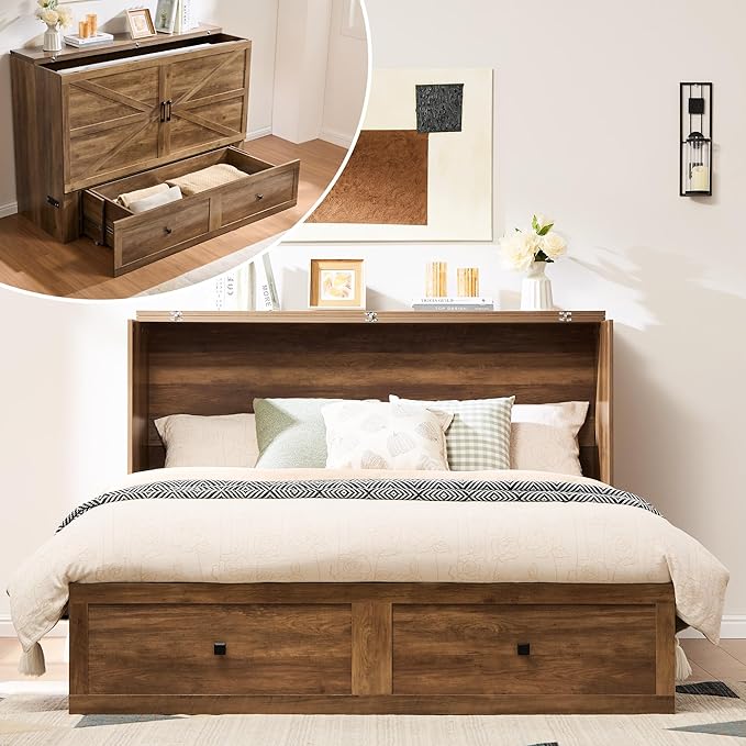 AMERLIFE Queen Murphy Bed Cabinet with Charging Station and Storage Farmhouse Foldable Platform Bed for Guest Room Office Small Spaces Barnwood
