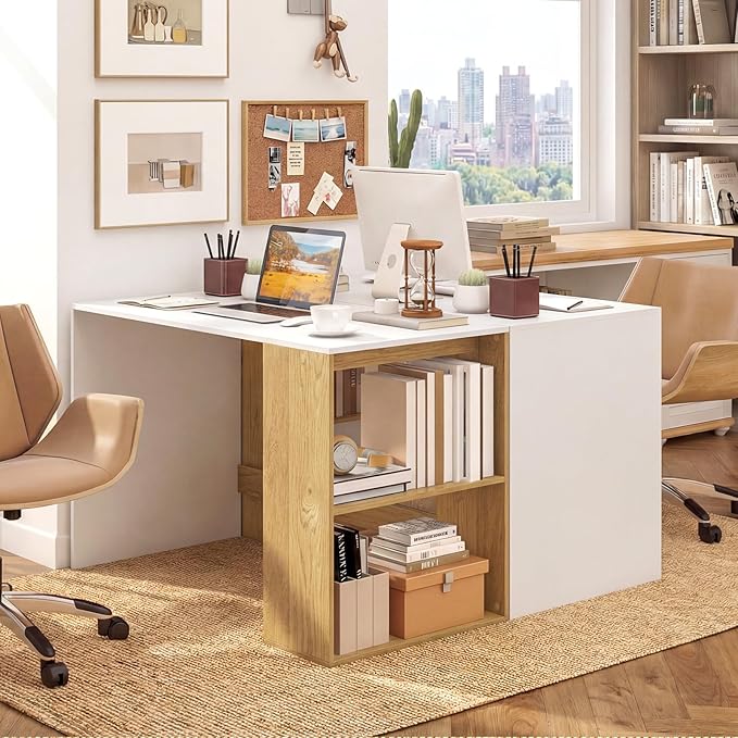 Giantex Small Desk with Bookshelf 44 Inch Modern Computer Desk for Small Spaces Laptop PC Desk Vanity Table for Bedroom Study Writing Desk for Home Office (White+Natural)