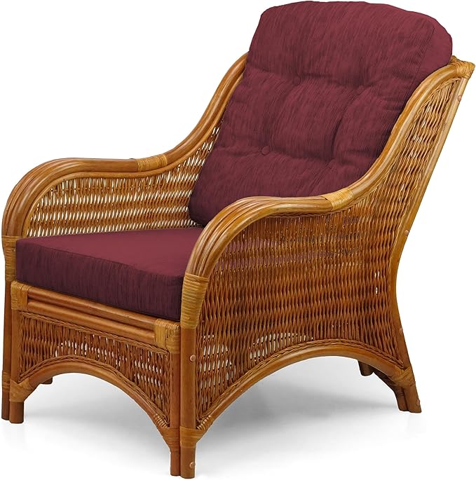 Wickerix Jam Lounge Living Accent Armchair Colonial Color Natural Rattan Wicker Handmade Design with Dark Brown Cushion