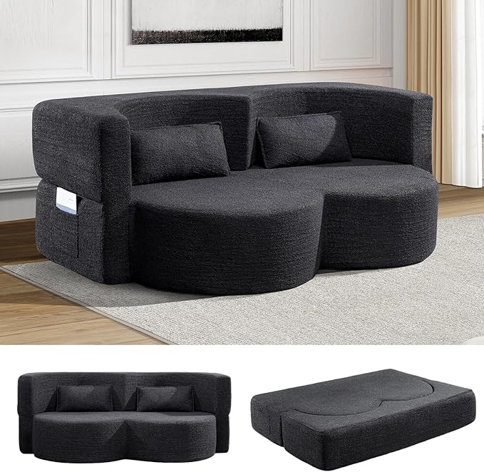 79 Convertible Folding Sofa Bed 2-in-1 Twin Size Loveseat Sleeper Couch with Two Pillows &amp Side Storage PocketsSpace-Saving | Design for Apartments &amp Living Room No Assembly(Black)
