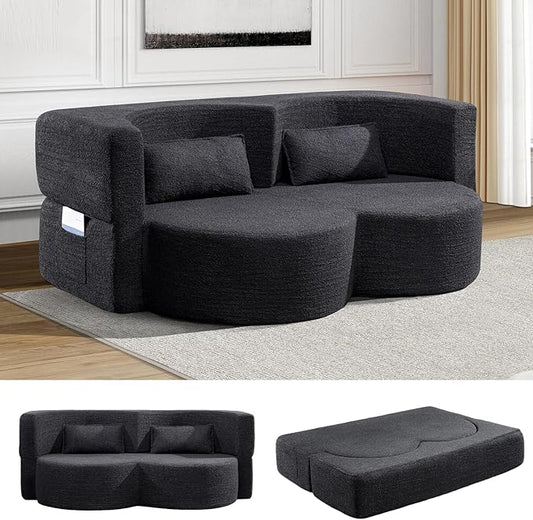 79 Convertible Folding Sofa Bed 2-in-1 Twin Size Loveseat Sleeper Couch with Two Pillows &amp Side Storage PocketsSpace-Saving | Design for Apartments &amp Living Room No Assembly(Black)