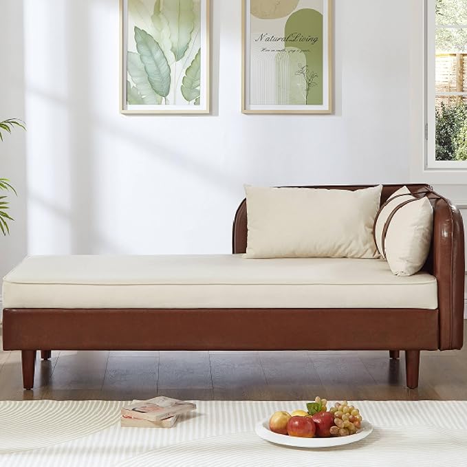 KEIKI PU Leather Chaise Lounge Chair Indoor Modern Leisure Sleeper Sofa Chair with Storage Accent Velvet Reading Couch Side Armchair Corner Arm Chairs for Living Room Bedroom Easy Assembly Brown