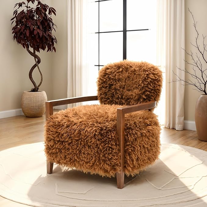 Modern Luxury Reading Chair with Wooden HandrailComfortable Faux Fur Side Chair Accent Chair for ApartmentLiving RoomOfficeStudyCamel+Brown