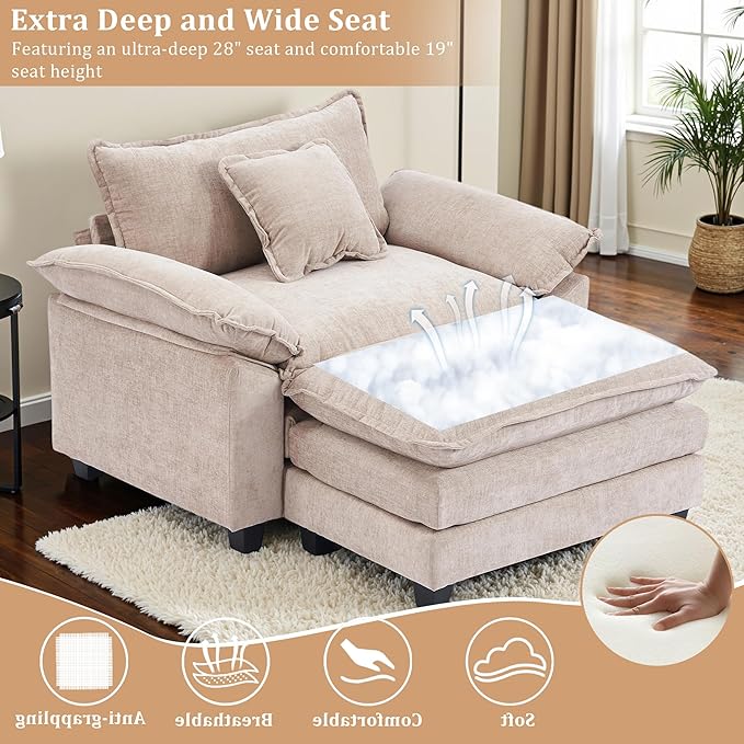 Gexpusm Oversized Accent Chair with OttomanOversized Chaise Lounge Chair Indoor with Deep SeatReading Chair Comfy Chenille Sofa Couch Chair for Living Room Bedroom Modern Lounge Chair (Khaki)