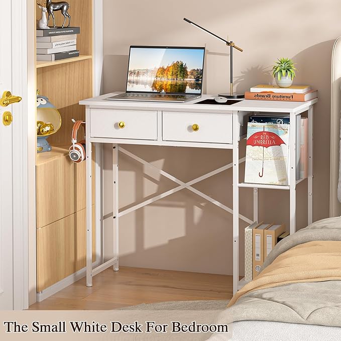 White Computer Desk 36 Inch Small Desk with Drawers Home Office Desk with Storage Shelves for Bedroom Living Room Dorm Vanity Desk for Small Spaces White