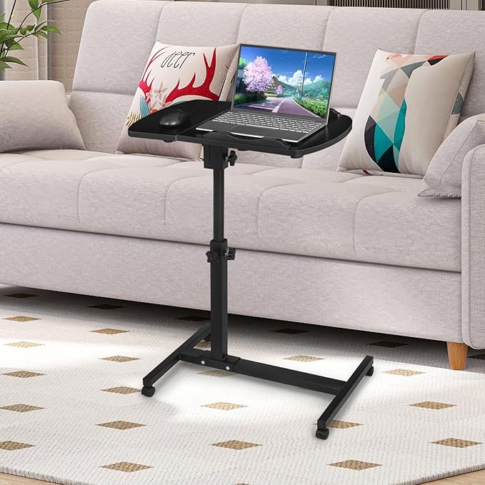 Mobile Laptop Desk Standing Desk Height Adjustable Rolling Table Bed Side Laptop Table with 2 Tilting Desktops and Wheels 360° Rotatable Computer Workstation for Office Home and Hospital Black