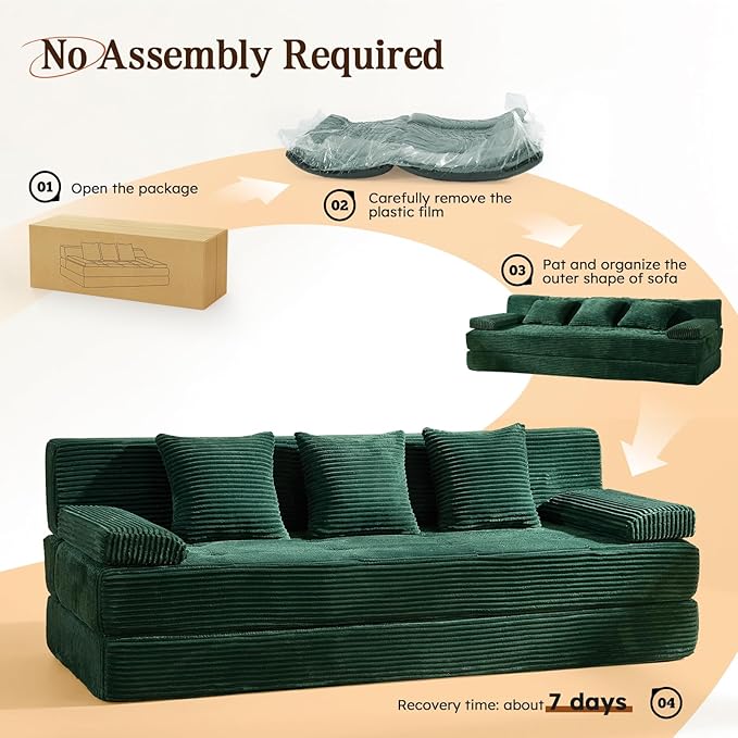78.7IN Folding Sofa Bed - Convertible Sleeper Sofa Couch with Removable Pillows 3 Seater Couches Bed for Living Room Bedroom Apartment No Assembly Required Freestanding Corduroy Green