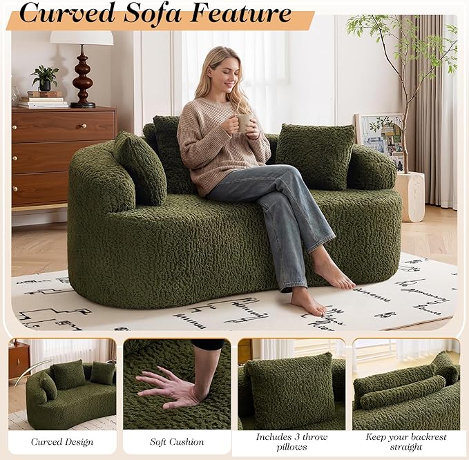 Curved Couch Loveseat Sofa Luxury Deep Seat Loveseat Sofa Couch for Small Place Modern Cloud Couch Floor Couch with 3 Pillows for Living Room &amp Bedroom No Assembly Required (Green)