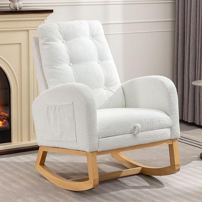 Modern Nursery Rocking Chair with Footrest High-Back Reading Chair Versatile Accent Lounge Chair with Storage Pocket Upholstered Glider for Bedroom Living Room
