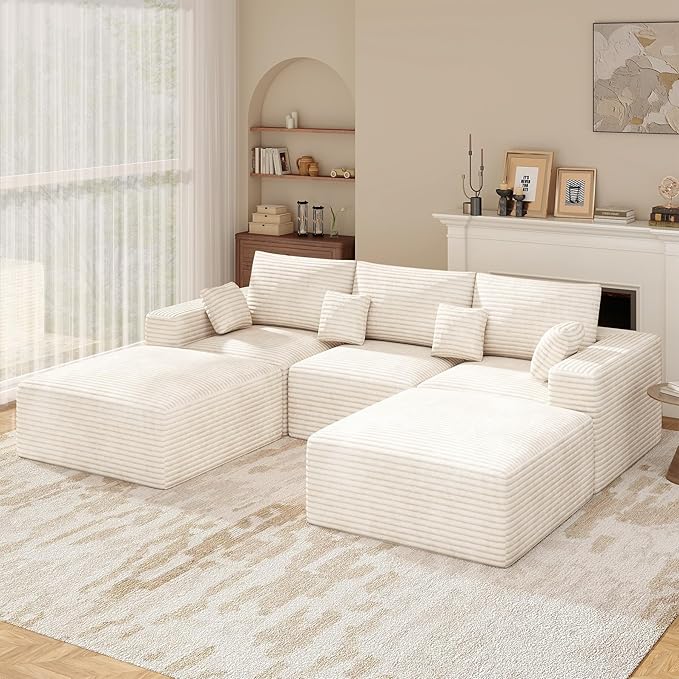 113 U-Shaped Boneless Couch Modern Modular Sectional Sofa with Deep Seat Convertible Corduroy Cloud Couches for Living RoomBeige1 PCS