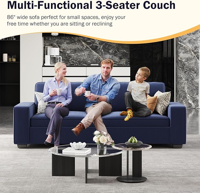 YOUDENOVA 86 3-Seater Sofa Corduroy Sofa Couch for Living Room Modern Lounge Couches with Extra Deep Seats Solid Wood Removable Cover Wide Armrest Easy Assembly Blue