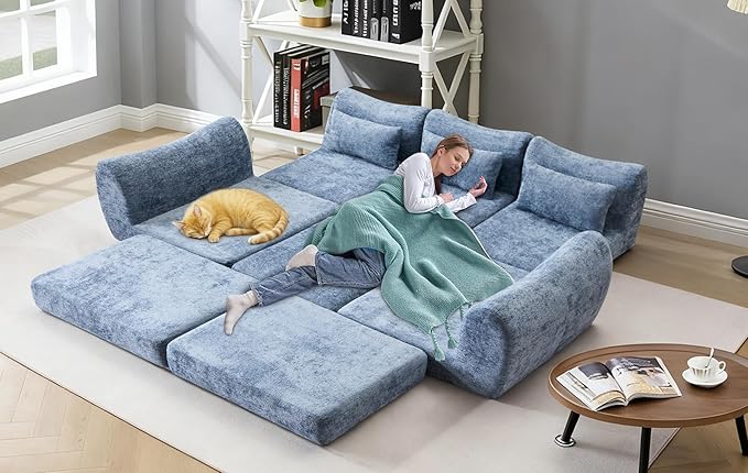104.72 Multiple Modular Cloud Sofa Bed Sectional Boneless Couch with Chaise for Living Room/Bedroom Shennel Sofa No Assembly 8 Modules Combined Blue