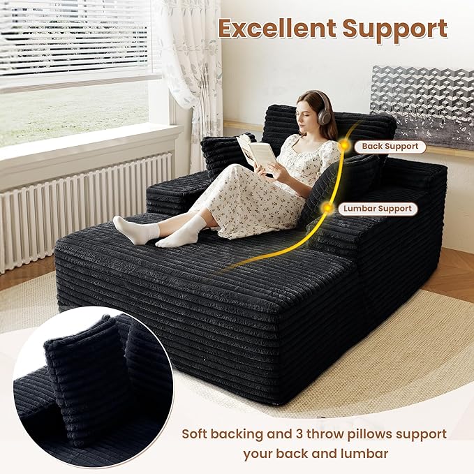 67 Square Chaise Lounge Single Floor SofaOversized Upholstered Boneless Corduroy Couch Deep Seat Sleeper Sofa Bed No Assembly Required Couches for ApartmentBlack