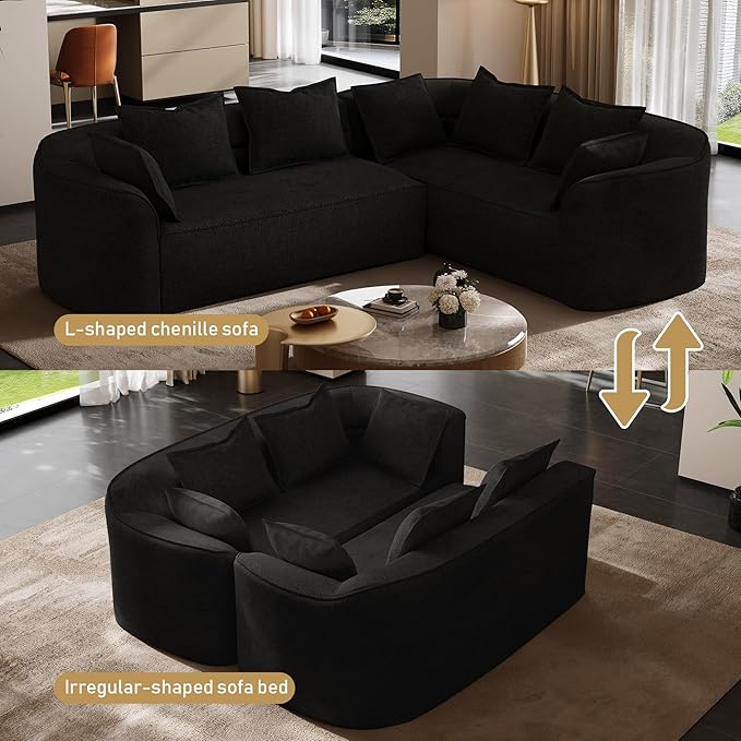 OUYESSIR 111 Oversized Sectional Sofa for Living Room Modern Luxury Chenille 4-Seater Couch Extra Deep Seat L-Shape Curved Cloud Couch with 7 Throw Pillows Black