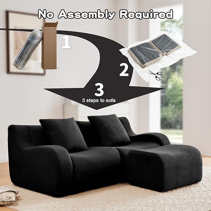 Modular Sectional Sofa for Living Room 82.7 L-Shaped Loveseat Cloud Couch with Movable Ottoman 2-Seat Teddy Fabric Boneless Sofa Curved ArmrestStreamlined Ergonomic Design
