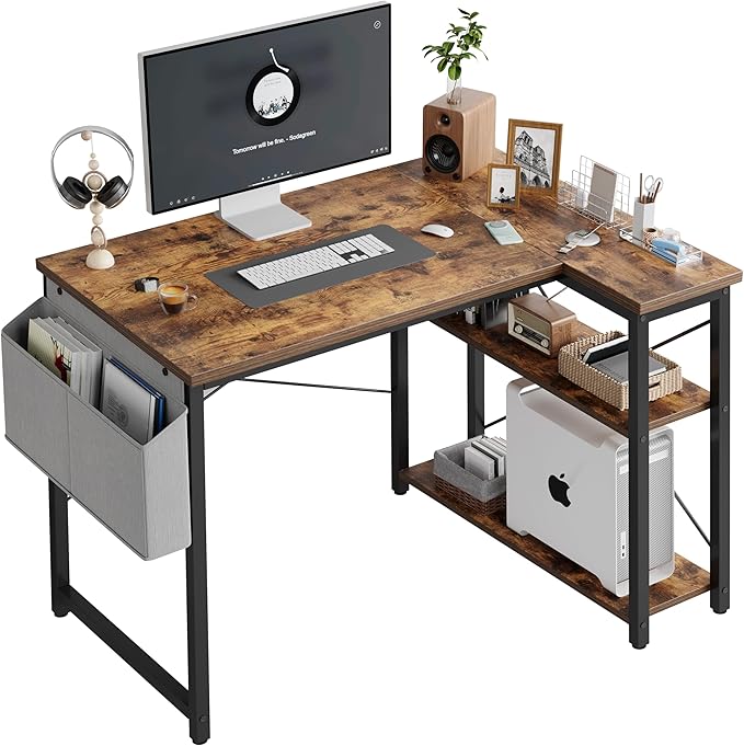 Grandder L Shaped Computer Desk with Reversible Shelves 40 Inch Small Corner Desk with Storage Bag Gaming Desk Computer Table Study Writing Desk for Home Office Small Space Rustic Brown