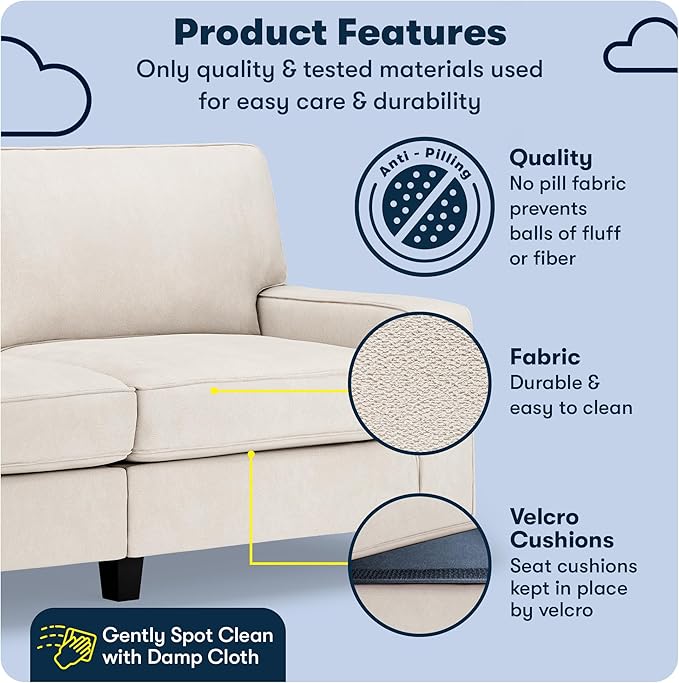 Serta Palisades 73 Track Arm Sofa Easy Care Polyester Soft Pillow Back Pocket Coil Seat Cushions Removable Covers Loveseat or Couch for Small Spaces Living Rooms or Bedrooms Cream White