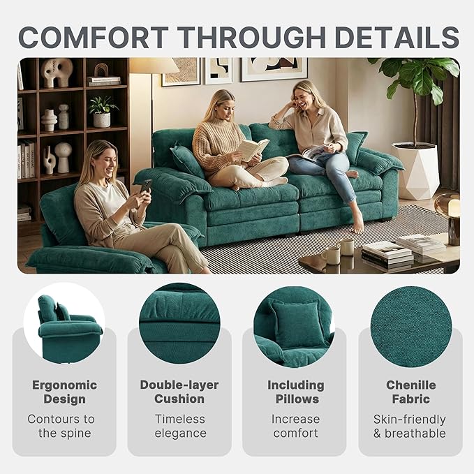 Modern 84 Loveseat &amp 360° Swivel Accent Chair Combo Set Plush Chenille Fabric with Padded Seat &amp 3 Decorative Pillows for Apartment Living Room Bedroom Home Office (Teal 2-Piece Set)