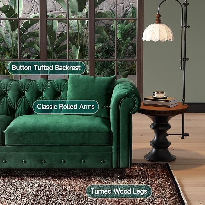 ONBRILL 82 Inch Chesterfield Sofa 23 Inch Deep Seat Velvet Couch for Living Room Button Tufted Couch with Rolled Arms 2 Throw Pillows Comfy Vintage Loveseat Sofa for Apartment Green