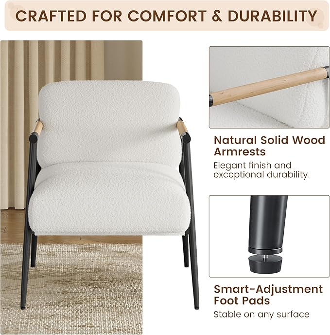 GarveeHome White Comfy Chair Set of 2 Modern Accent Chair with Metal Frame Cozy Reading Chair with Soft Cushion &amp Wood Armrest for Bedroom Living Room White Set of 2