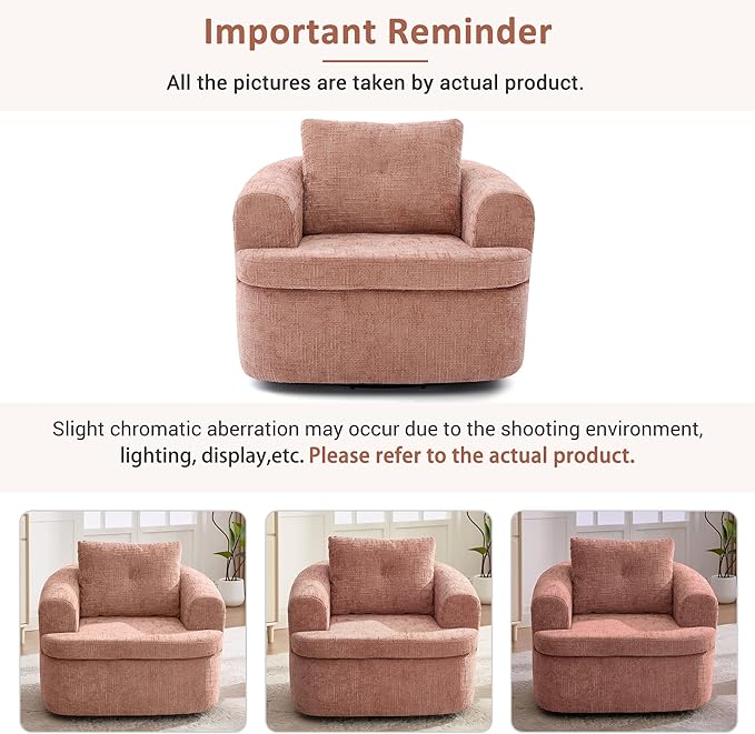 Merax 360° Swivel Sofa Chair Chenille Fabric Accent Barrel Chair 36.6 Swivel Round Chair with Dual-Layer Cushion Design for Living Room Bedroom Office and Hotel Pink