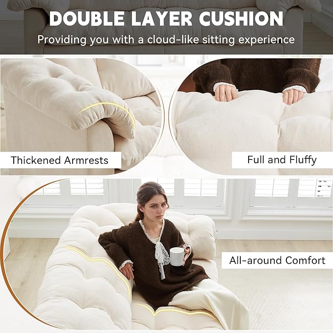3-Seater Couch 94.8-inch Oversized Modern Comfy Tufted Chenille Fabric Cloud Fluffy Foam Deep Seat Soft Loveseat Sofa Couch for Living Room Bedroom Office Beige