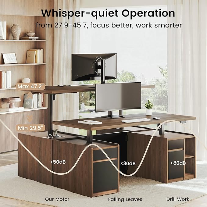 Executive Standing Desk with Drawers &amp Storage 70.8'' Adjustable Electric Stand Up Wood Desk with Privacy Panel AC/USB File Cabinet Large One-Piece Desktop for Home Office Black Walnut