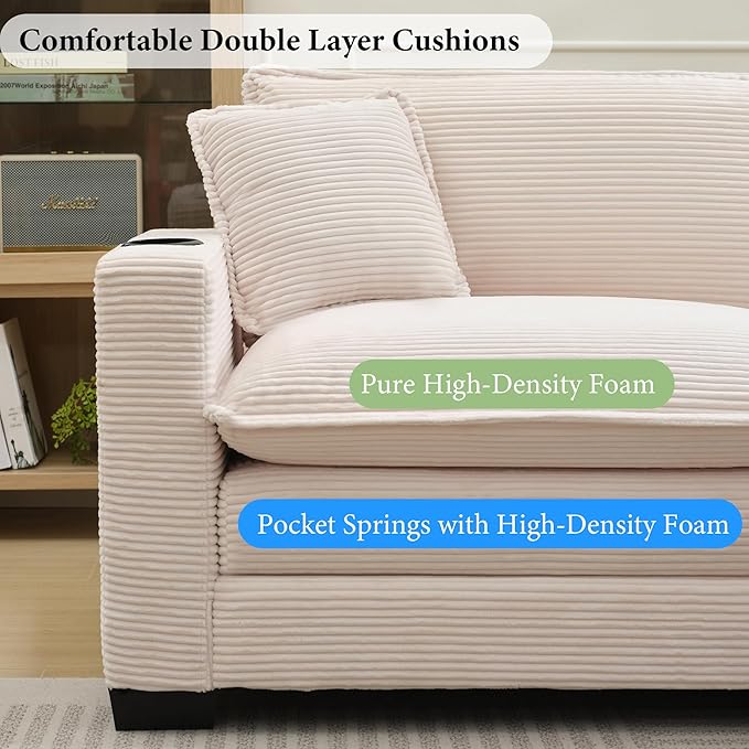 82.7 L Shaped Sectional Sofa with Cup Holders &amp USB Ports Modern Loveseat Cloud Couch with Ottoman for Living Room Apartment Small Spaces Beige Corduroy