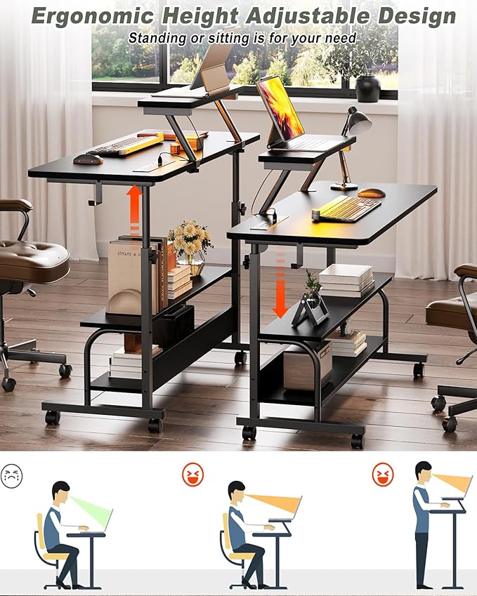 Height Adjustable Standing Desk with Power Outlets and LED Lights - 39 Manual Stand Up Desk with Monitor Stand and Storage Shelves Small Mobile Rolling Computer Desk Portable Laptop Table Black