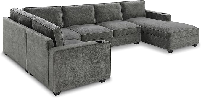 119 * 67 U Shaped Sectional Sofa6 Seat Chenille Corner Couch Set with Oversized Chaise LoungeIrregular Corner Deep and Wide Seat Comfy Sofa with Cup Holders for Living RoomApartment (Gray-V33)