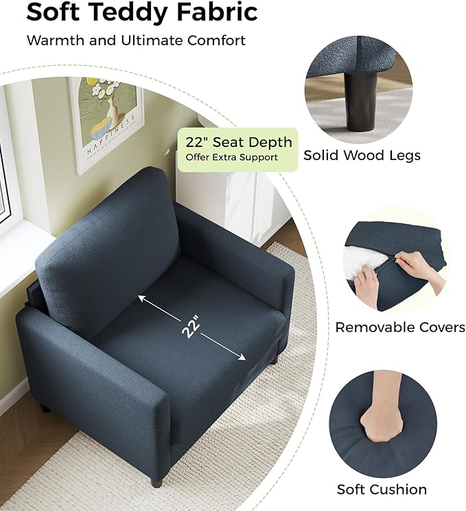 Sofa Accent Chair 33 Reading Chair for Bedroom Tool-Free Setup Living Room Accent Chairs Comfy Arm Chairs Living Room All-Wood Reading Nook Blue Grey