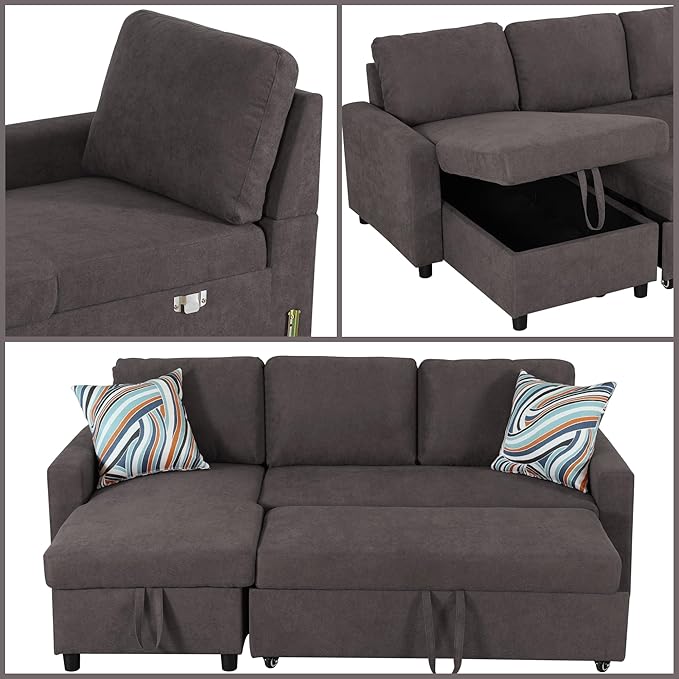 Sleeper Sofa Couch 2 in 1 Pull Out Couch Bed with Storage Chaise L Shaped Sectional Sleeper Sofas Bed Convertible Pullout Sofa for Living Room Apartment Dark Brown