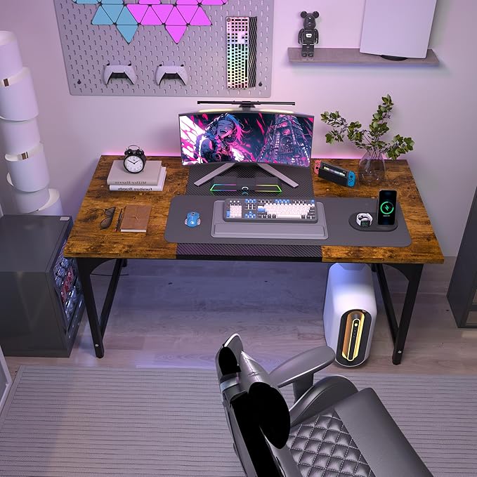 StarGraph Modern Computer Desk 55 Inch Large Office Desk with Carbon Fiber Desktop Home Office Desks with Sturdy Metal Frame Gaming Study Writing Work from Home Desks Rustic Brown