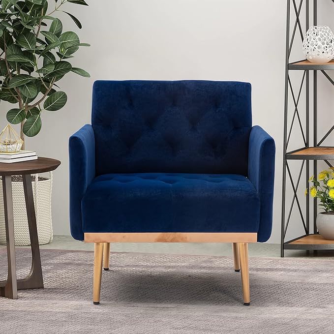 Modern Accent Chair Upholstered Single Sofa Arm Chair for Living Room and Bedroom Upholstered Comfy Armchair Chair with Solid Tapered Metal Legs (Navy)