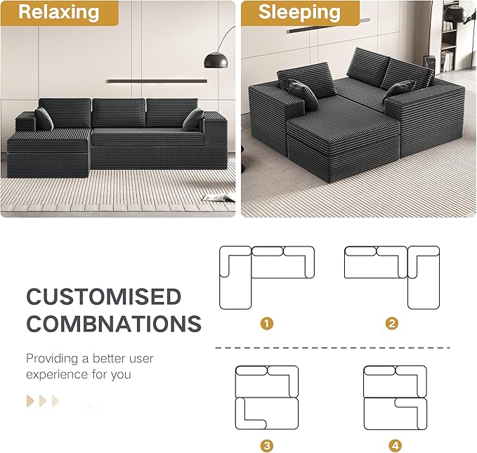 Extra Firm 108” Cloud Boneless Couches for Living RoomModular Sectional Cloud Couch with Deep Seat High-Resilience Foam/Sag-Resistant/Keeps its Form No Assembly Required(Left-Facing Chaise) | Exten