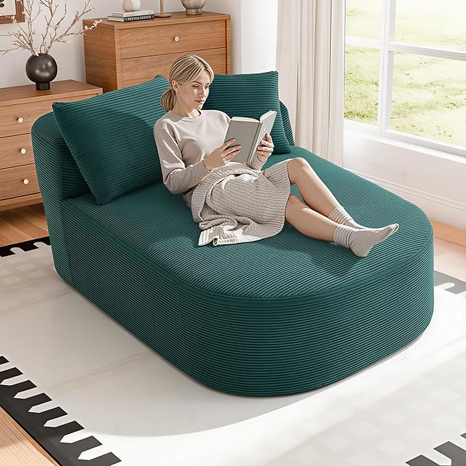 Chaise Lounge Chair Indoor 67.5 Oversized Boneless Couch Could Comfy Upholstered Sleeper Sofa Bed Corduroy Plush Modern Curved Floor Sofas Chair with 2 Pillows for Readng Living Room Bedroom Apartment