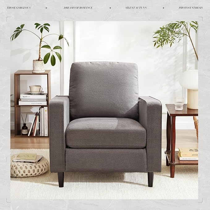 Mid Century Accent ChairModern Linen Fabric Armchair for Living RoomDouble Side Pockets Comfortable and Padded Reading Feature Sofa Chair Suitable for bedrooms Living Rooms and Offices(1 Pcs