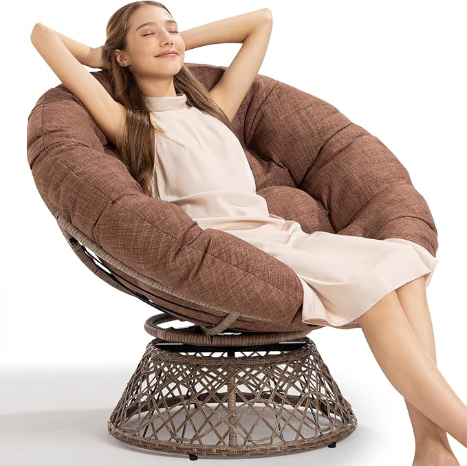Bme 40 Ergonomic Wicker Papasan Chair with Soft Thick Cushion &amp Frame 360° Swivel Circle Reading Comfy Chair for Living Room Bedroom