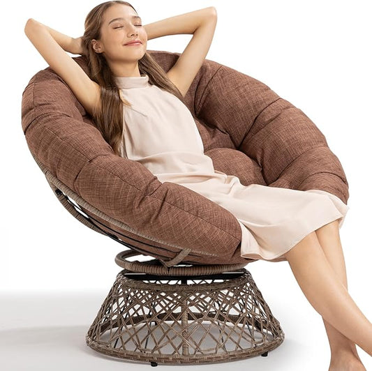 Bme 40 Ergonomic Wicker Papasan Chair with Soft Thick Cushion &amp Frame 360° Swivel Circle Reading Comfy Chair for Living Room Bedroom