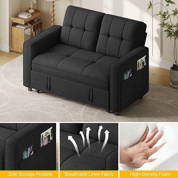 DWVO 3 in 1 Convertible Sleeper Sofa Bed 55 Pull Out Sofa Bed with Adjustable Backrest and USB Velvet Futon Couch with Side Pockets for Living Room Black