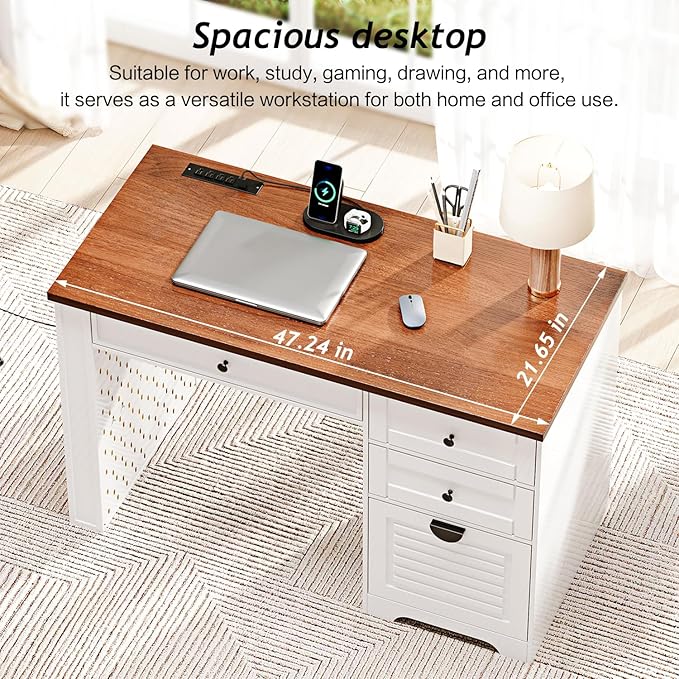 47 Home Office Desks Executive Desk Farmhouse Computer Desk with Drawers and Charging Station File Drawer Storage Cabinet Rustic Computer Writing DeskAntique White