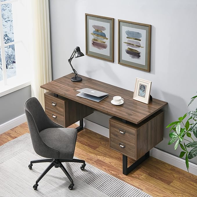 MODERION Computer Desk for Home Office with 4 Large Drawers Rustic Wood Writing Study Table with Metal Frame 59” x 21.7” x 29.5” Easy Assembly Brown CTSZ20401WA
