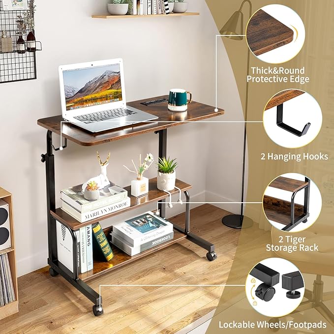 Vasitelan Mobile Computer Desk for Small Space Rolling Writing Desk with Wheels Home Office Study Portable Storage Gaming Table with 3 USB + 2 AC Outlets (Brown)