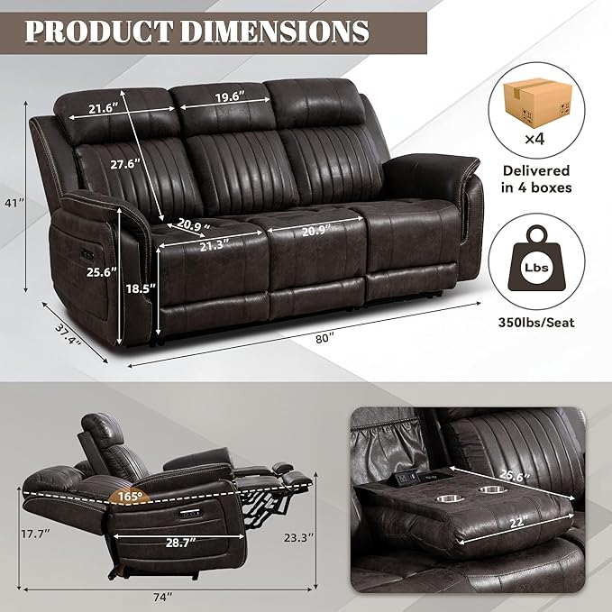 Zero Gravity Power Recliner Sofa Couch – Electric Reclining Sofa with Drop Down Table 3 Seater Dual Reclining Couch with Adjustable Headrests for Living Room (Foil Fabric Brownish Gray)
